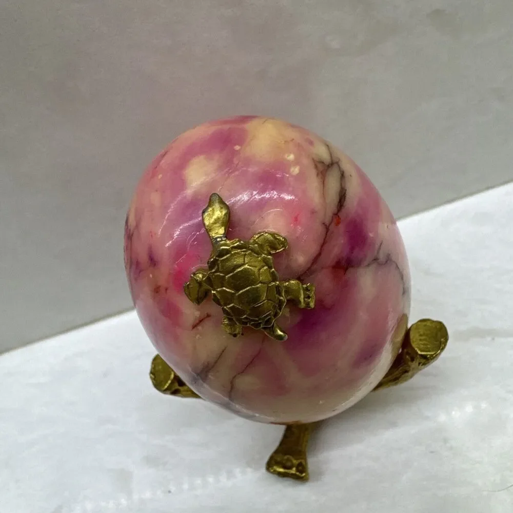 Vintage Polished Natural Stone Egg Pink Hue & Brown Yello Veins w/ Stand Turtle